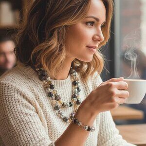 Vera Wang Beaded Necklace & Bracelet Set Earth Tone Boho